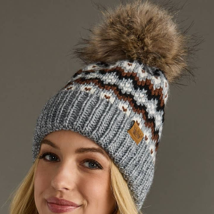 Gray/Brown/White Winter Pattern Pom Hat