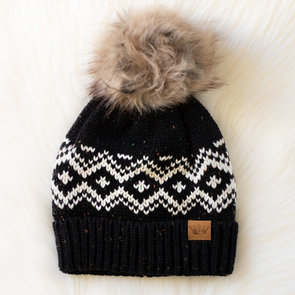 Black/Speckled Patterned Pom Hat