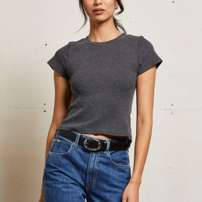Gabby Rib S/S Crew Charcoal