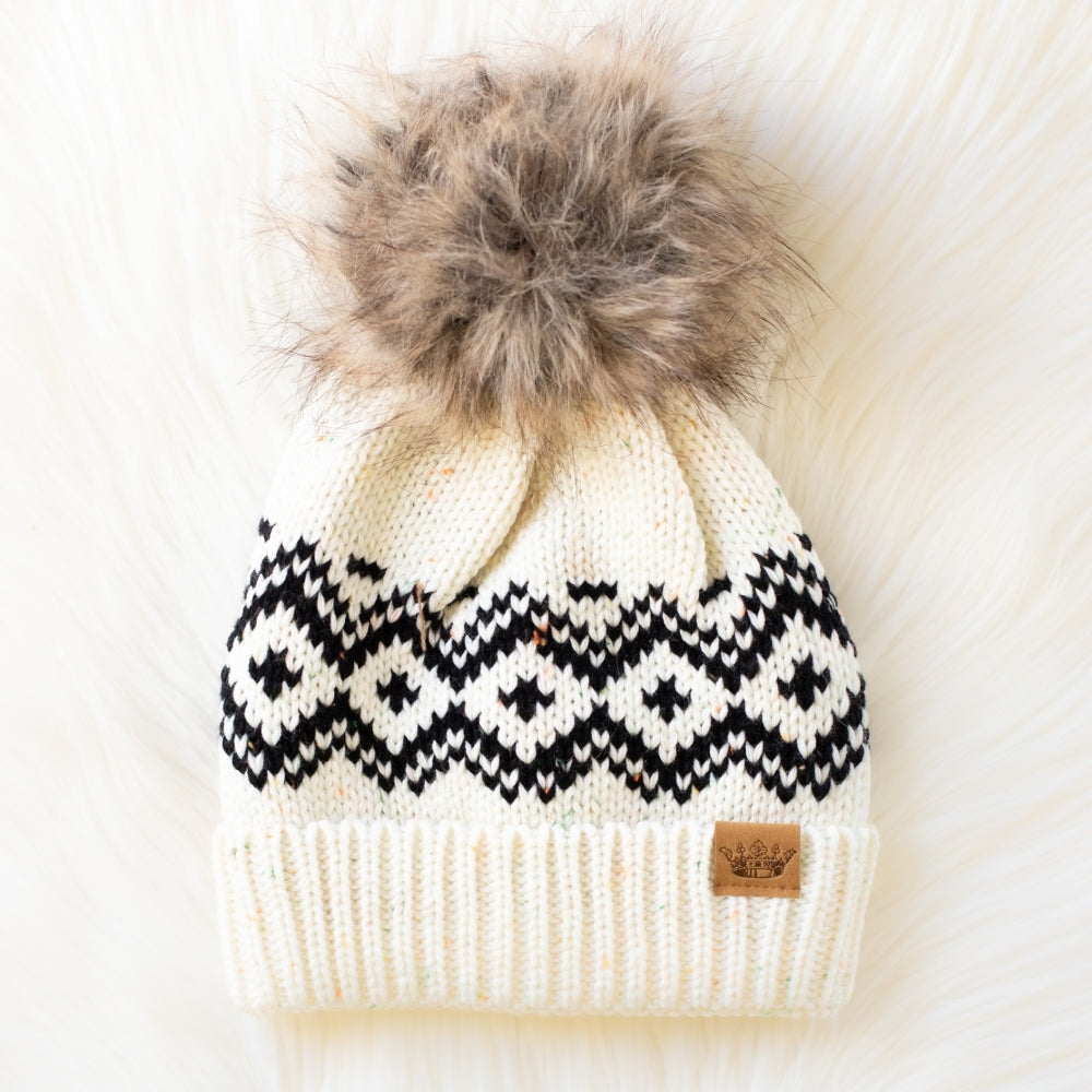 Cream/Speckled Patterned Pom Hat