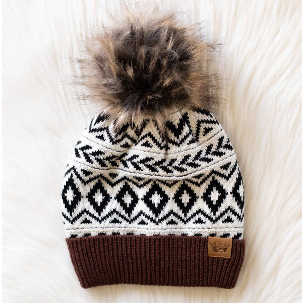 Ivory/Black/Brown Pattern Pom Hat