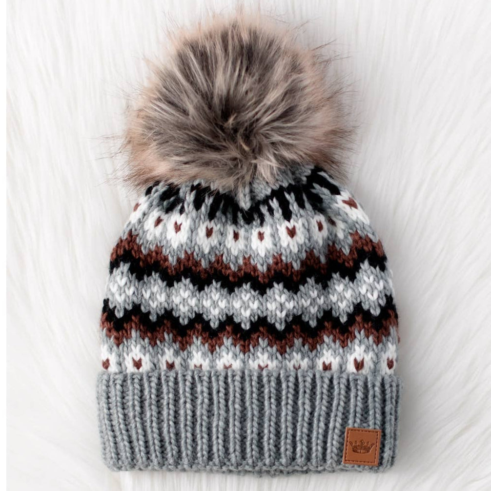 Gray/Brown/White Winter Pattern Pom Hat