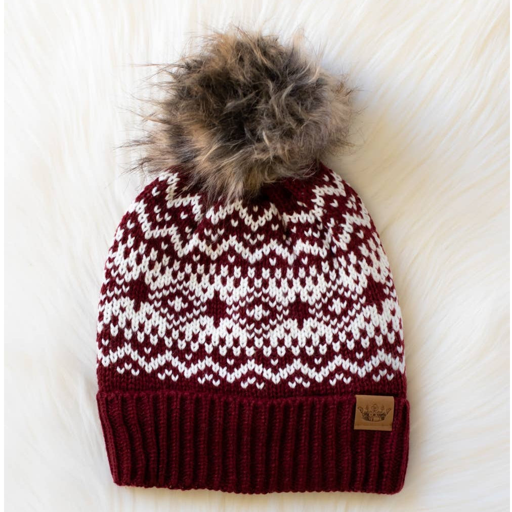 Burgundy & White Patterned Pom Hat