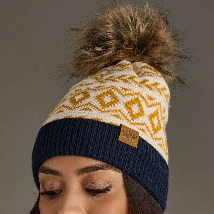 Cream/Mustard/Navy Pattern Pom Hat