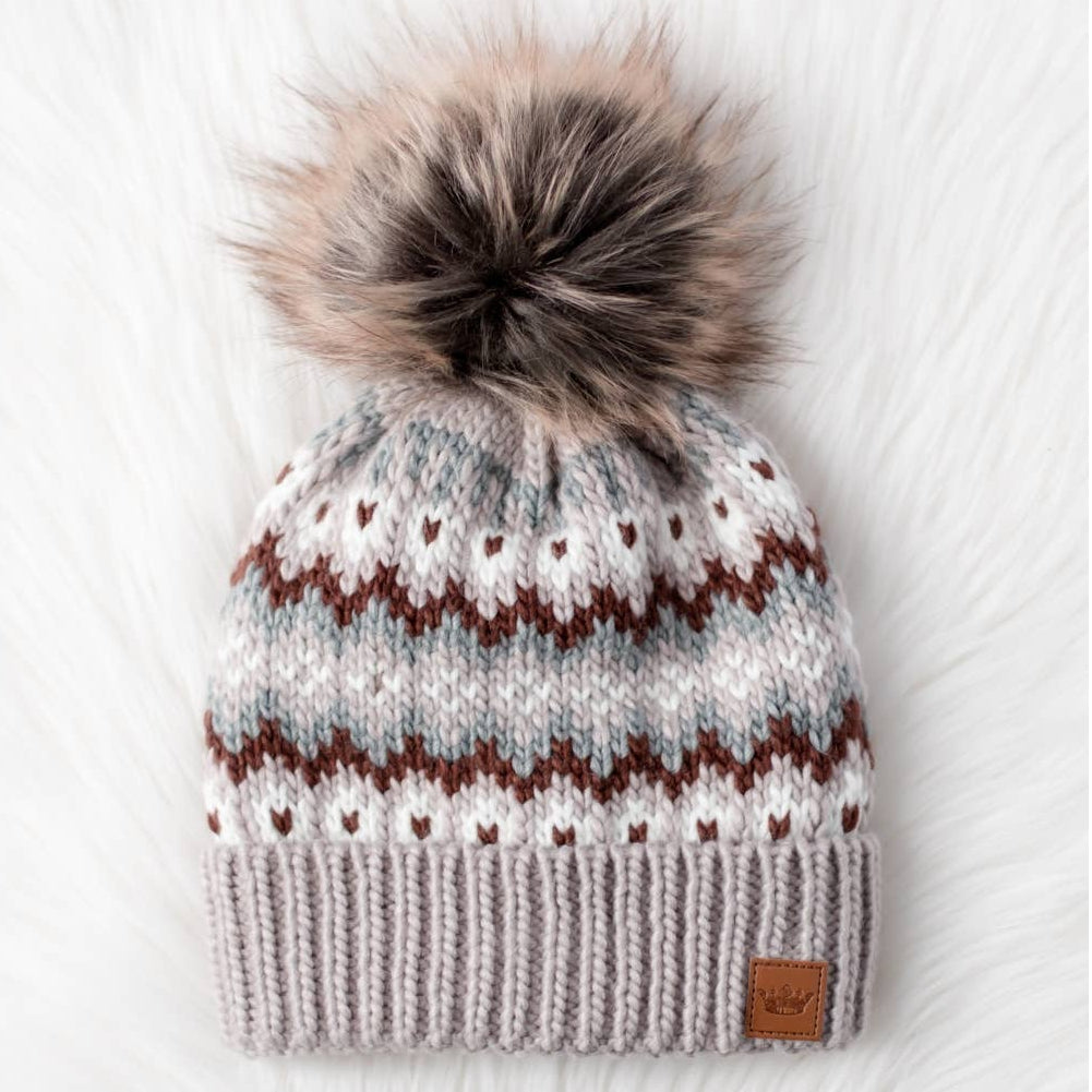 Taupe/Brown/White Winter Pattern Pom Hat