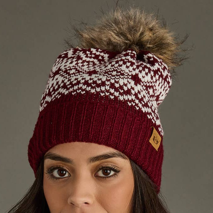 Burgundy & White Patterned Pom Hat