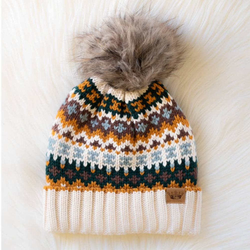 Cream/Multi Patterned Pom Hat