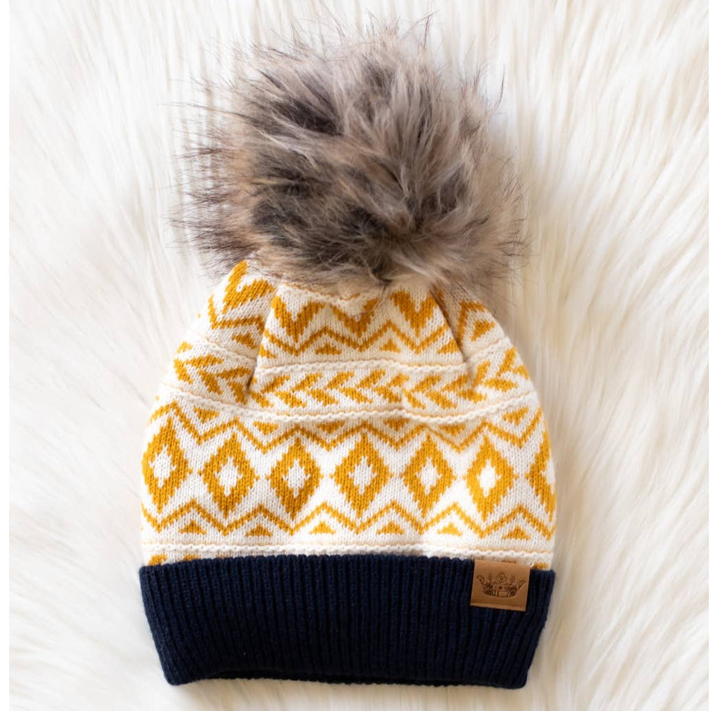 Cream/Mustard/Navy Pattern Pom Hat