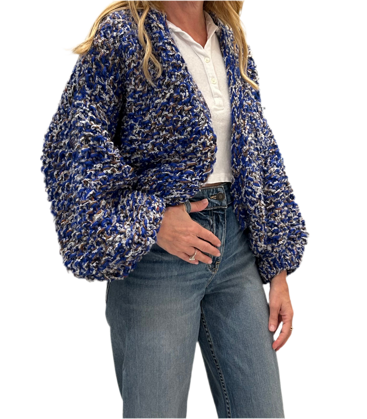 Alpaca Tweed Bomber Cardigan Electric Blue | WELLGROUND