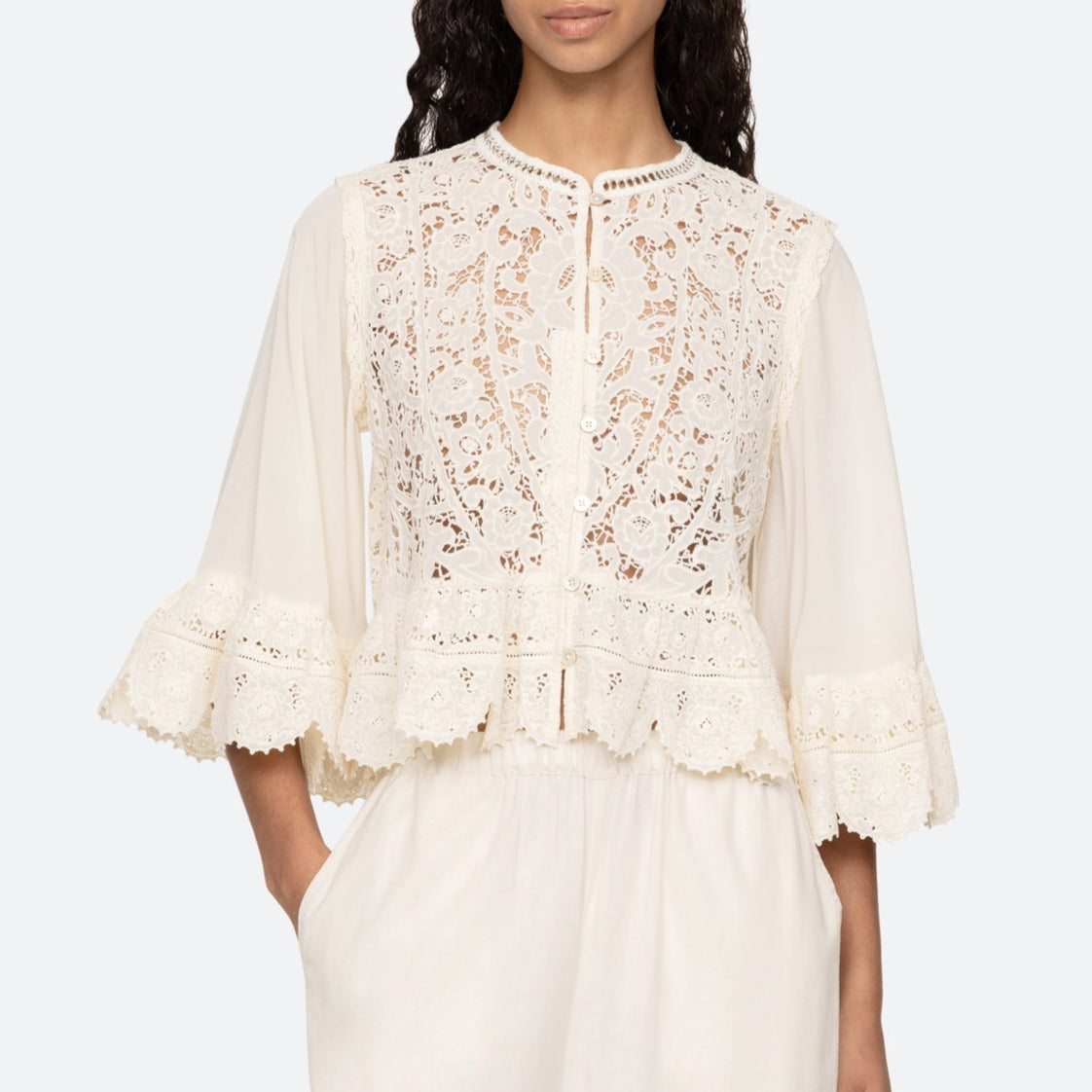 Shanna Lace 3/4 Slv Top Cream