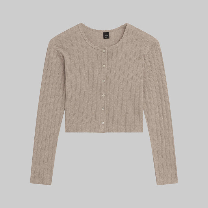 Pointelle Crop Cardigan Beige Melange