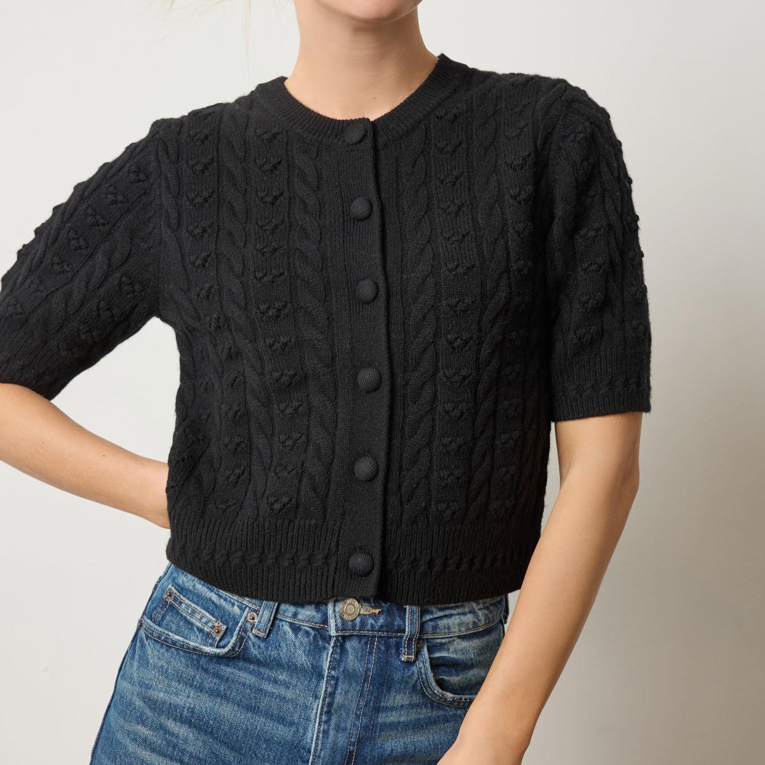 Short Sleeve Cardigan Sweater Black