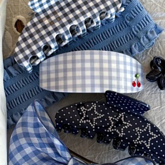 Ponytail Barrette Blue Cherry Picnic