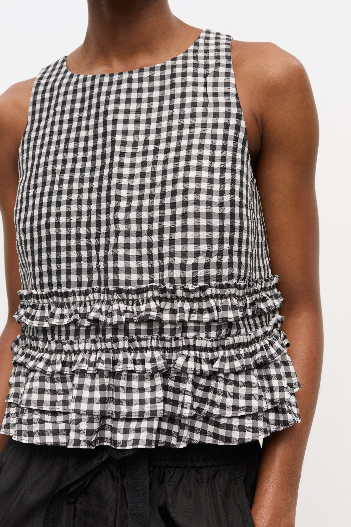 Crinkled Taffeta Frill Top Black