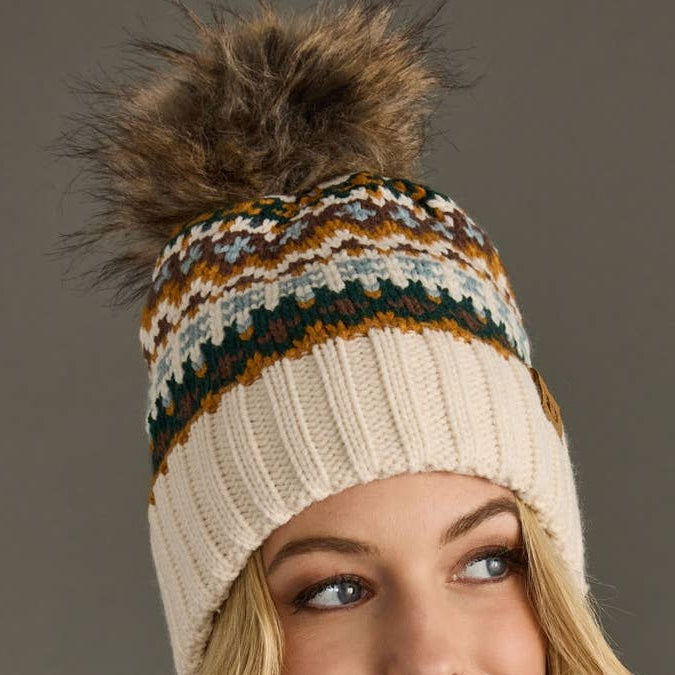 Cream/Multi Patterned Pom Hat