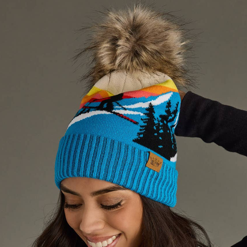Blue Ski Mountain Landscape Pom Hat