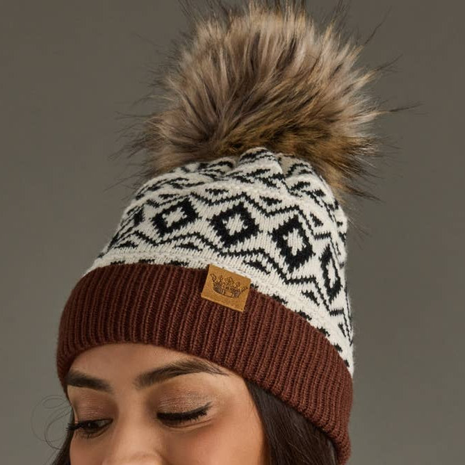Ivory/Black/Brown Pattern Pom Hat