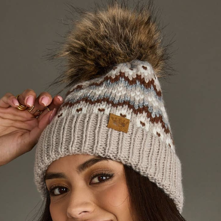 Taupe/Brown/White Winter Pattern Pom Hat