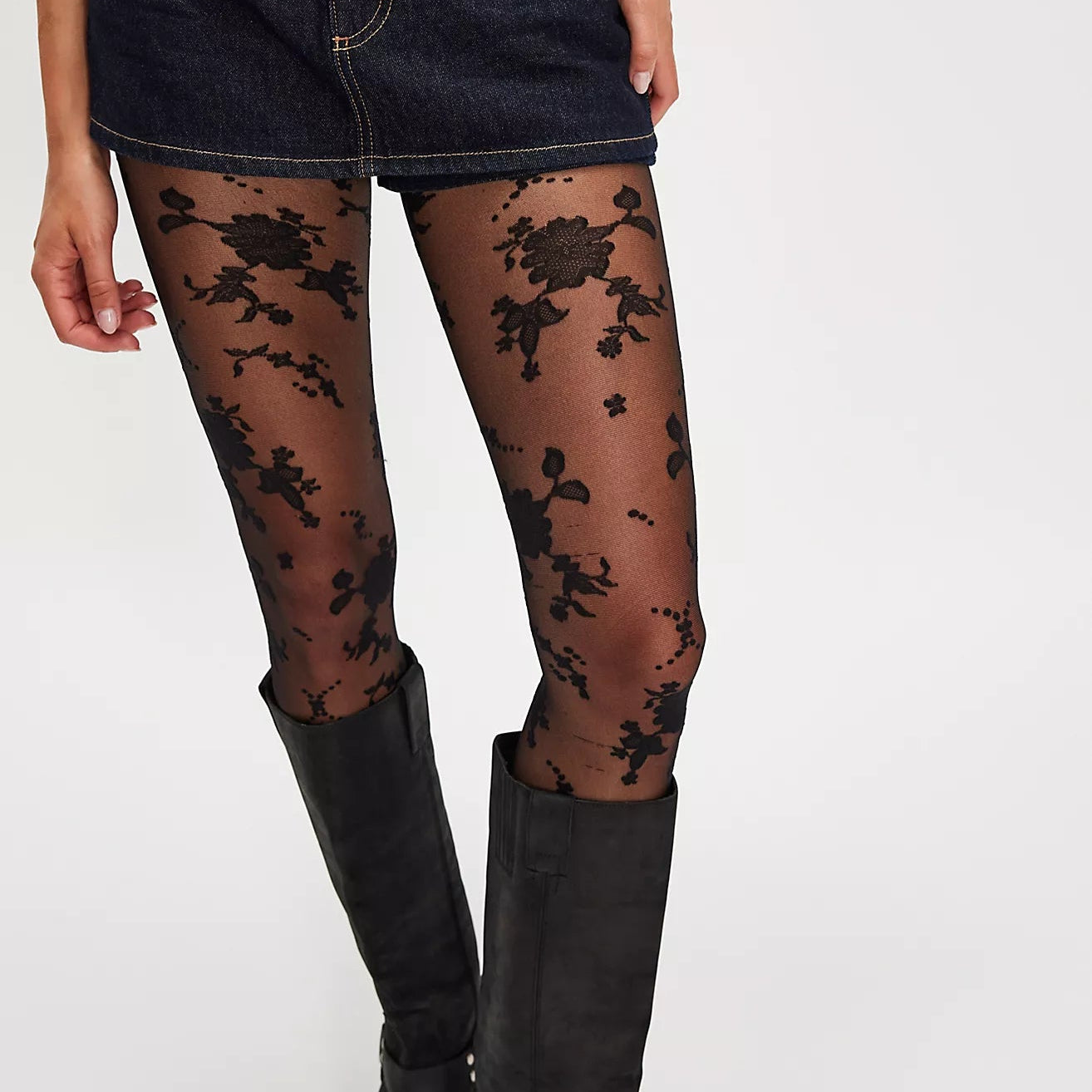 Flocked Floral Tight Black