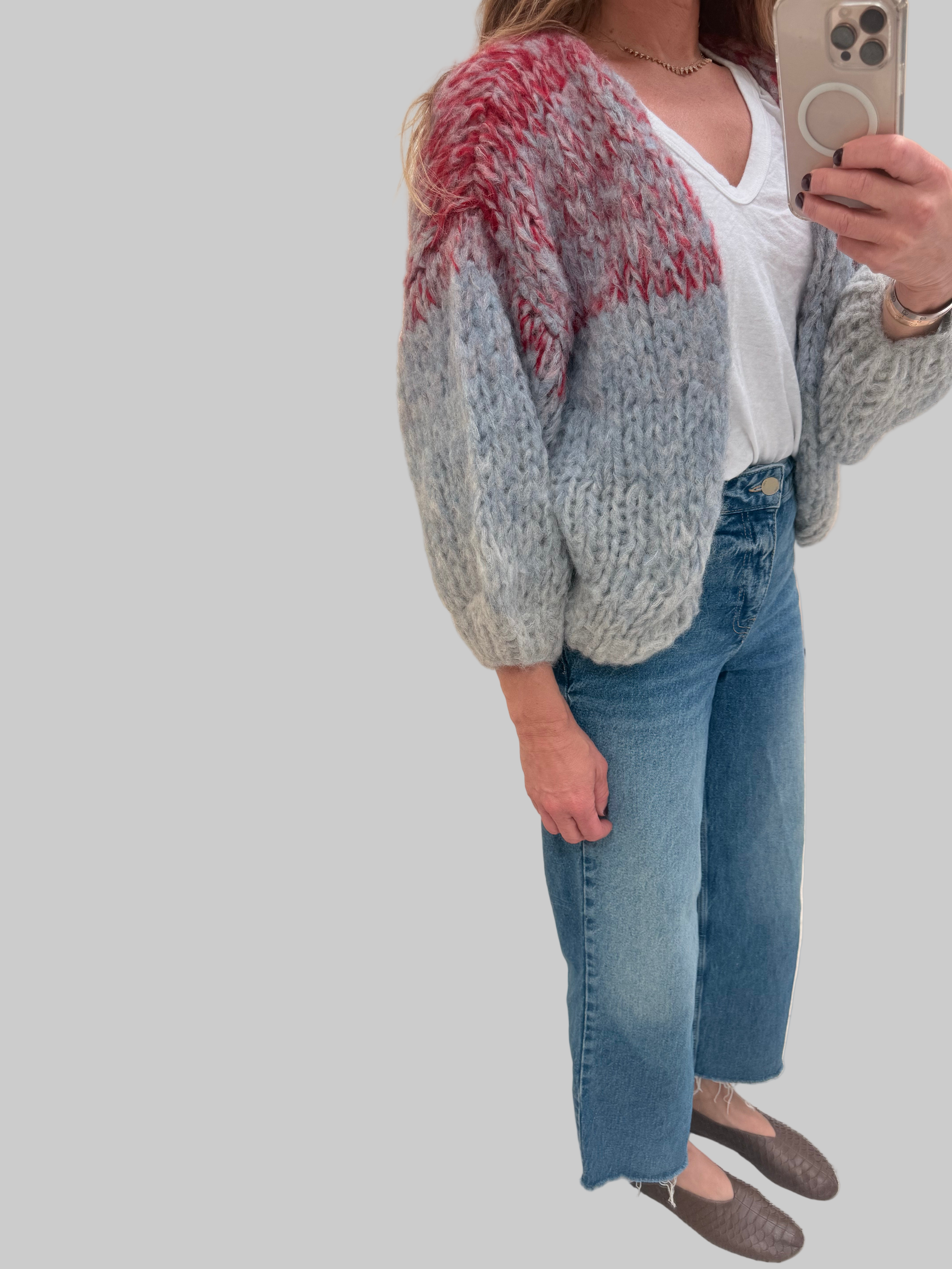 Fleecy Alpaca Ombre Bomber Cardi Red + Grey Gradient