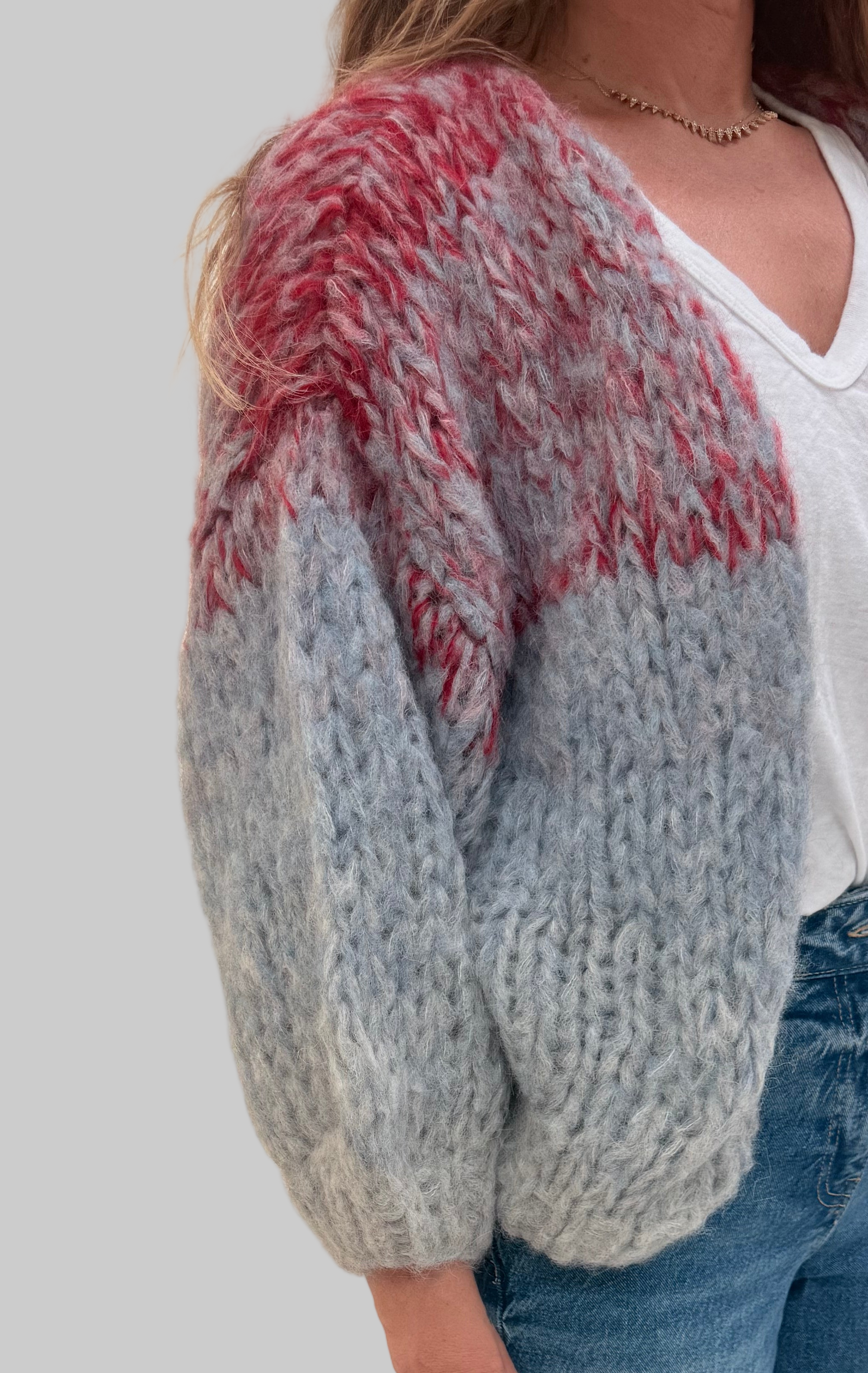 Fleecy Alpaca Ombre Bomber Cardi Red + Grey Gradient