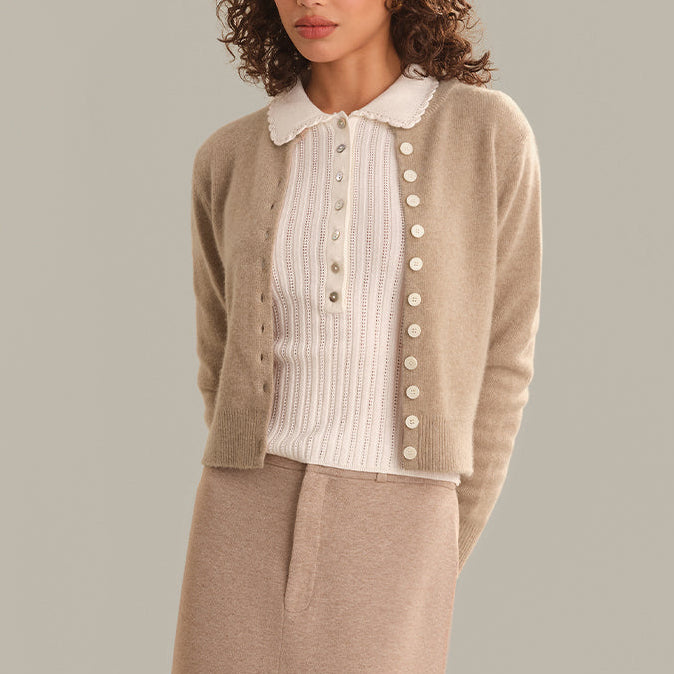 Betsy Classic Cashmere Cardi Camel Heather