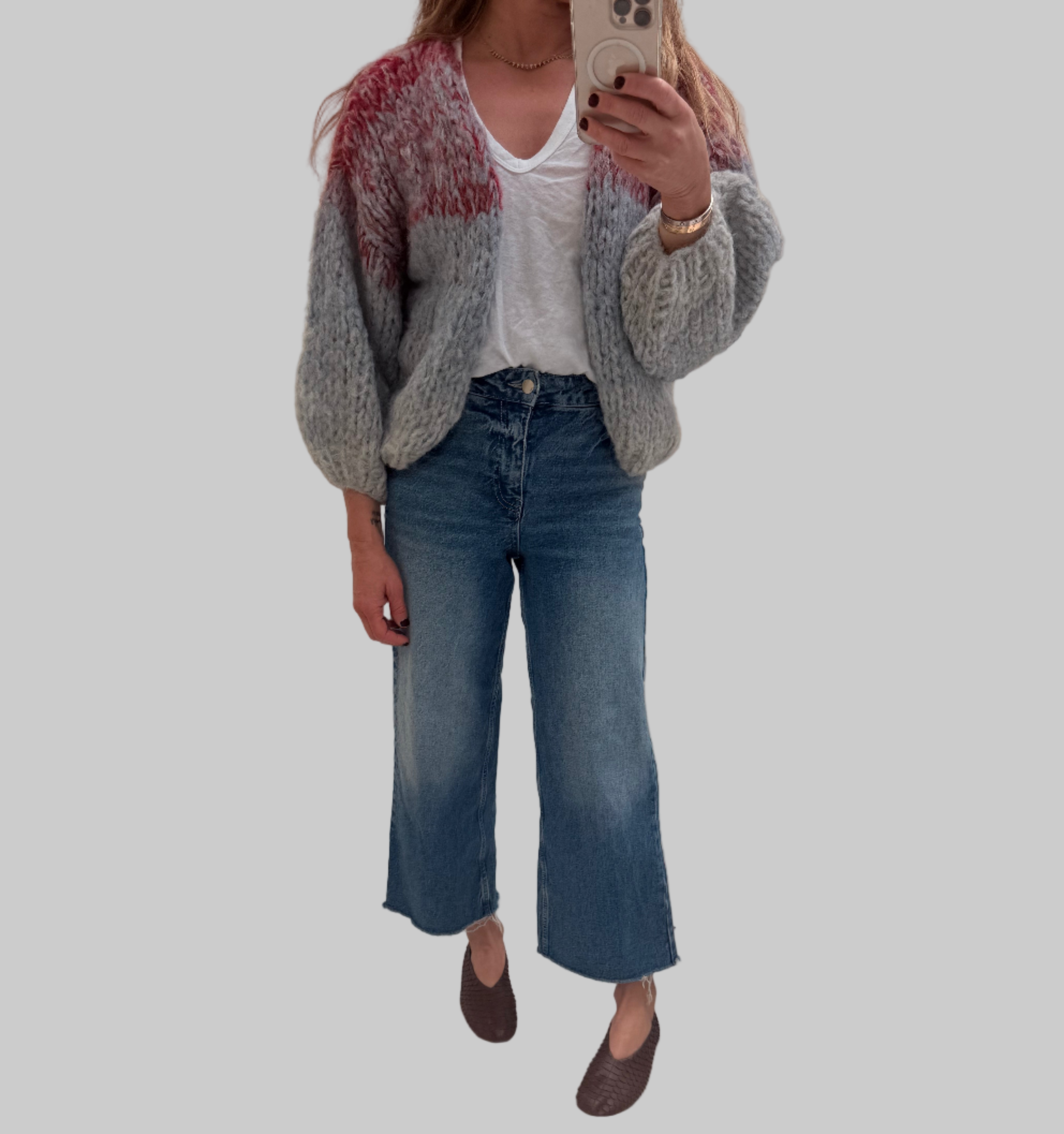 Fleecy Alpaca Ombre Bomber Cardi Red + Grey Gradient