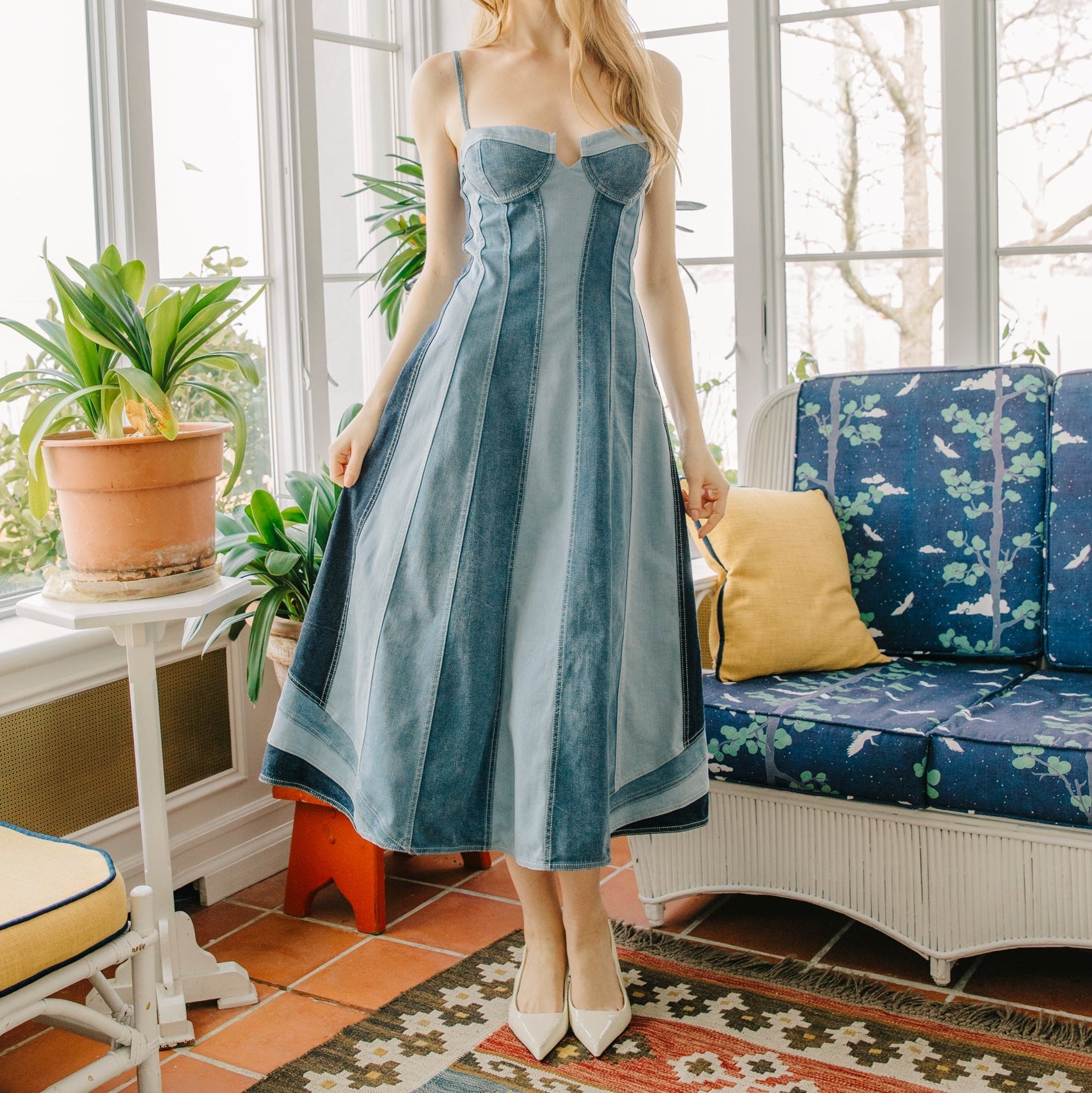 panelled denim dress Puff Sleeve Panelled Denim Midi Dress Florere