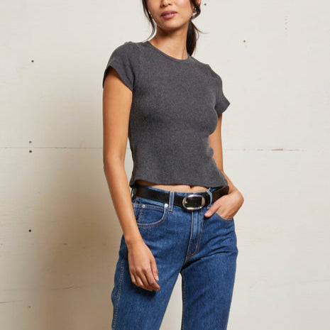 Gabby Rib S/S Crew Charcoal