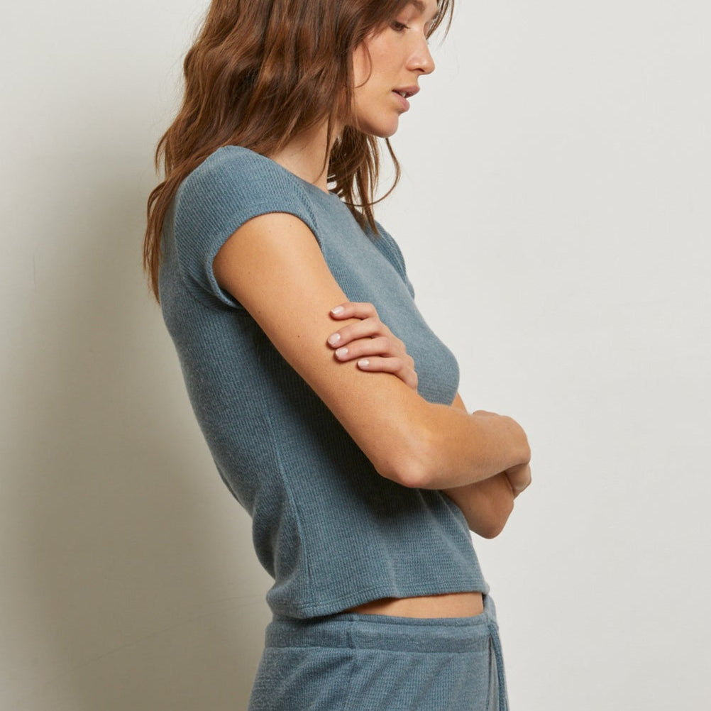 Mindy Waffle SS Crew Tee Slate