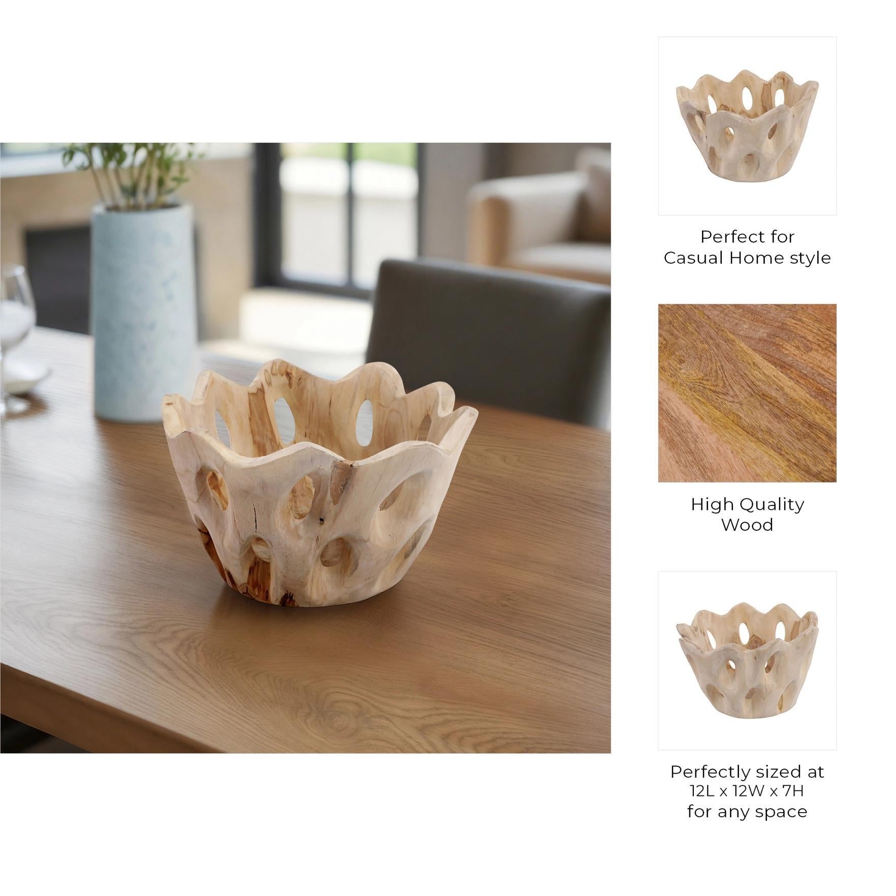 Brown Teak Hand-Carved Bowl