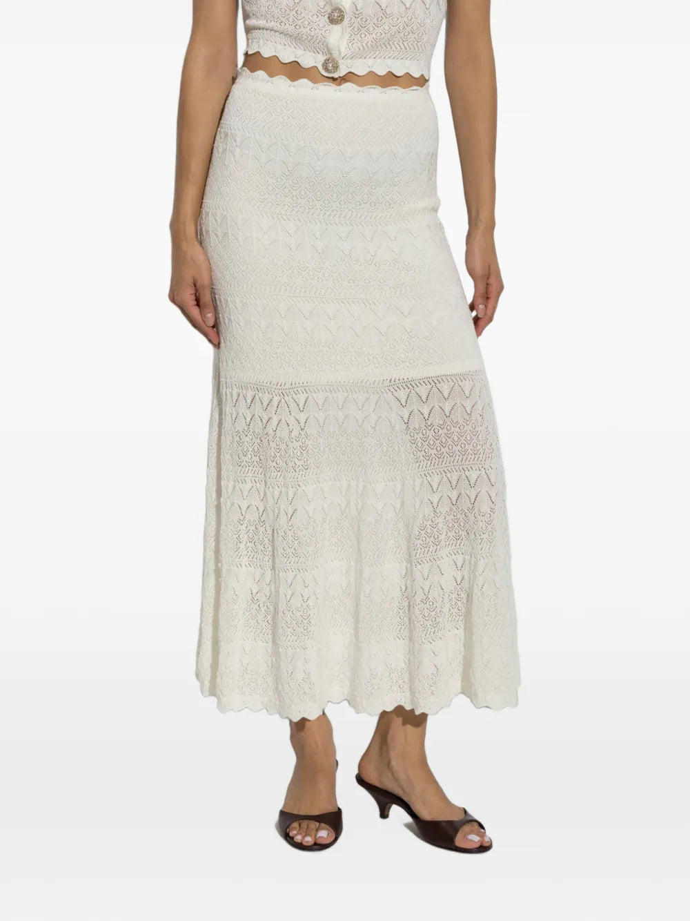 Pointelle Knit Midi Skirt Cream