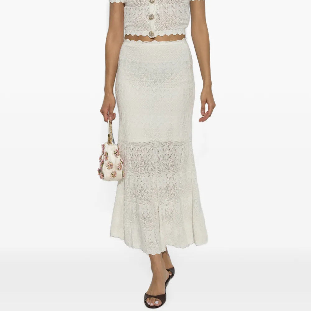 Pointelle Knit Midi Skirt Cream