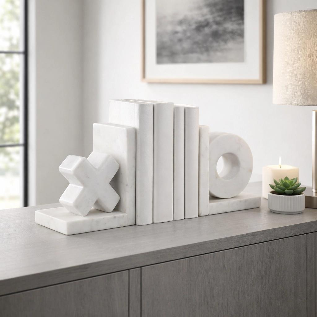X + O White Marble Bookends - Set of 2