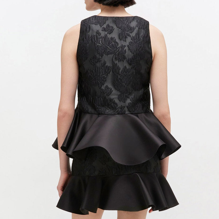 Satin Cloque Slvless Peplum Blouse Black