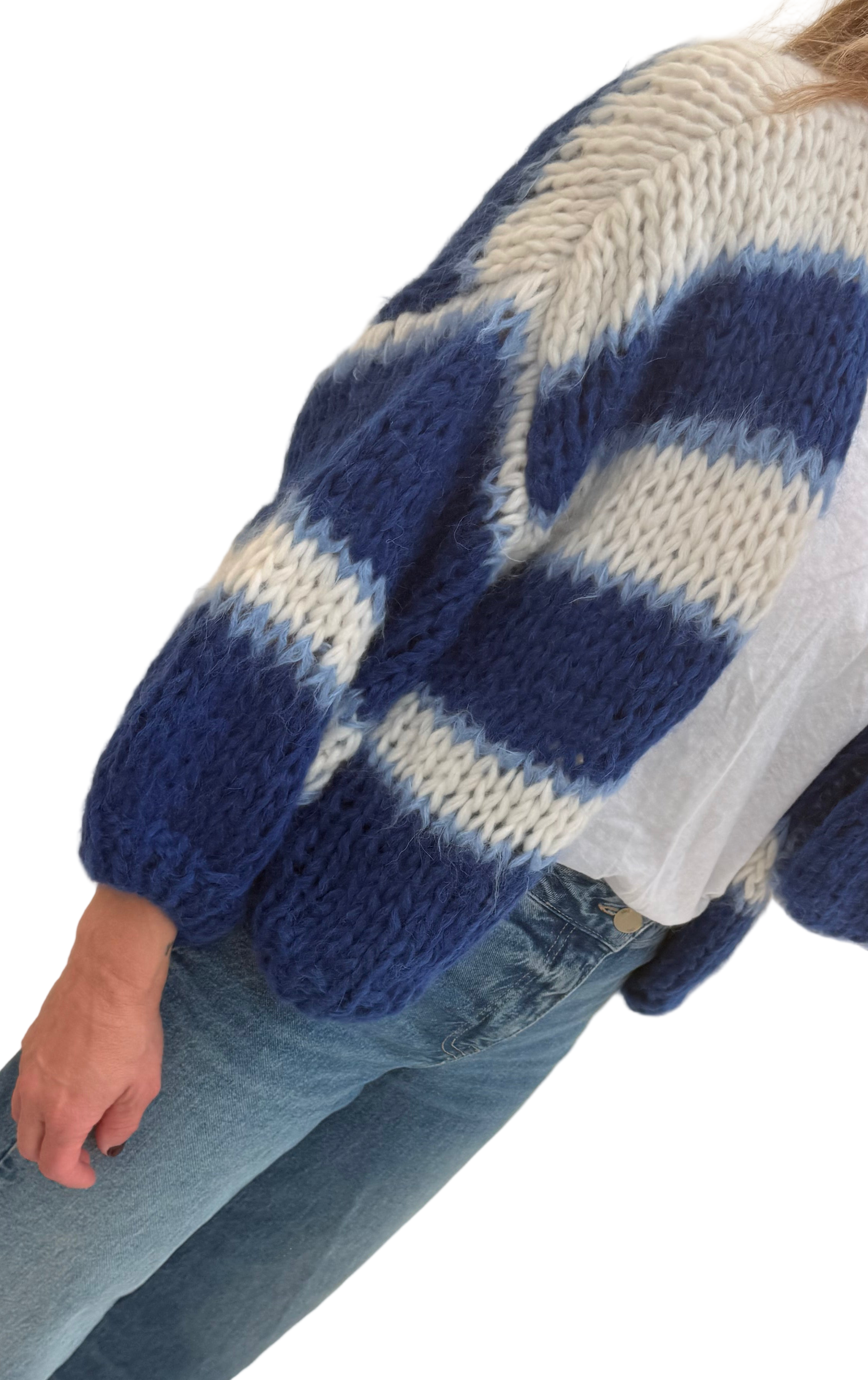 Chunky Alpaca Cardigan Striped Blue Cream