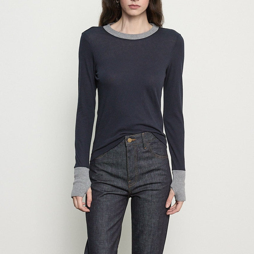 Cashmere Jersey Cuffed Crew Ink/Smoke