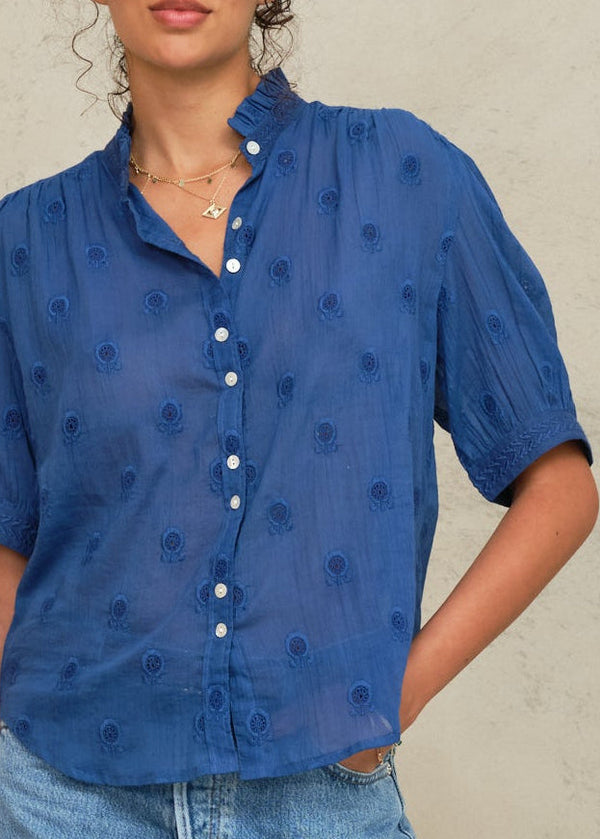 Frani Emb S/S Top Cobalt