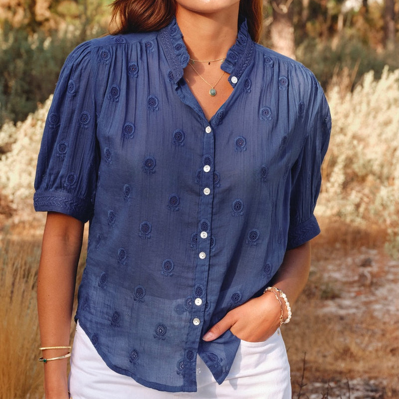Frani Emb S/S Top Cobalt