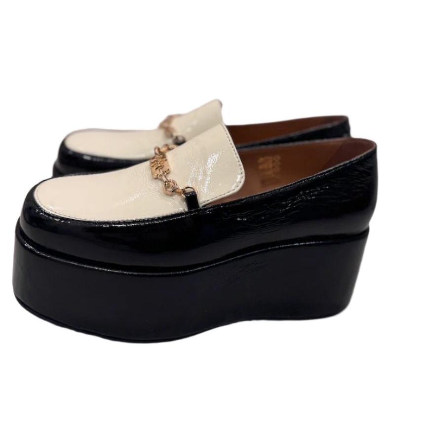 Butterfly Chain Black + Beige Patent Leather Platform Loafers