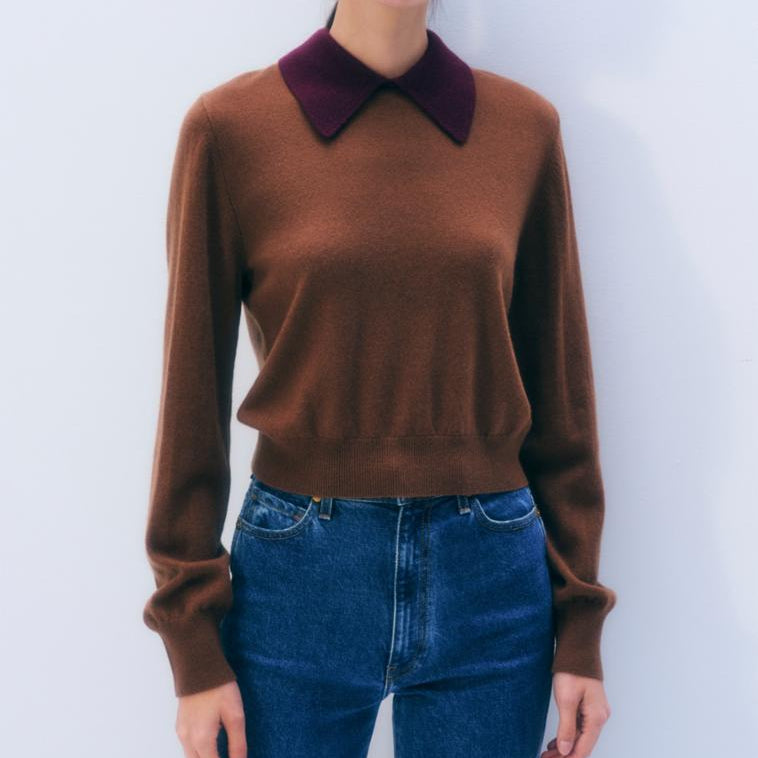 Cashmere Contrast Collar Sweater Cedarwood/Sangria