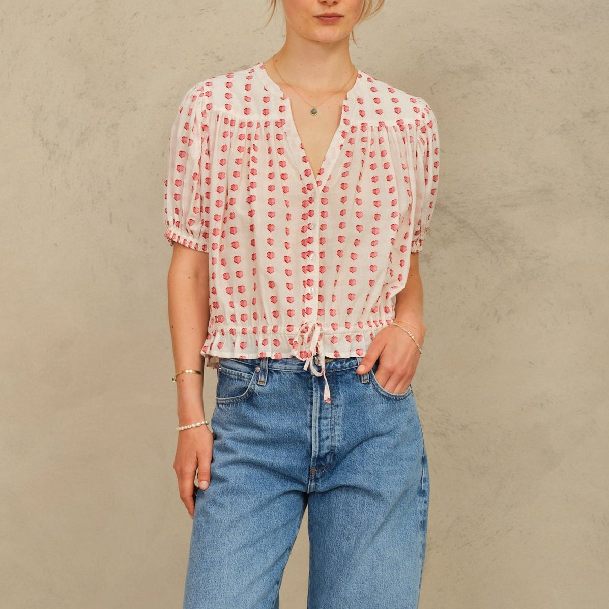 Karla Gathered Top Ecru/Red
