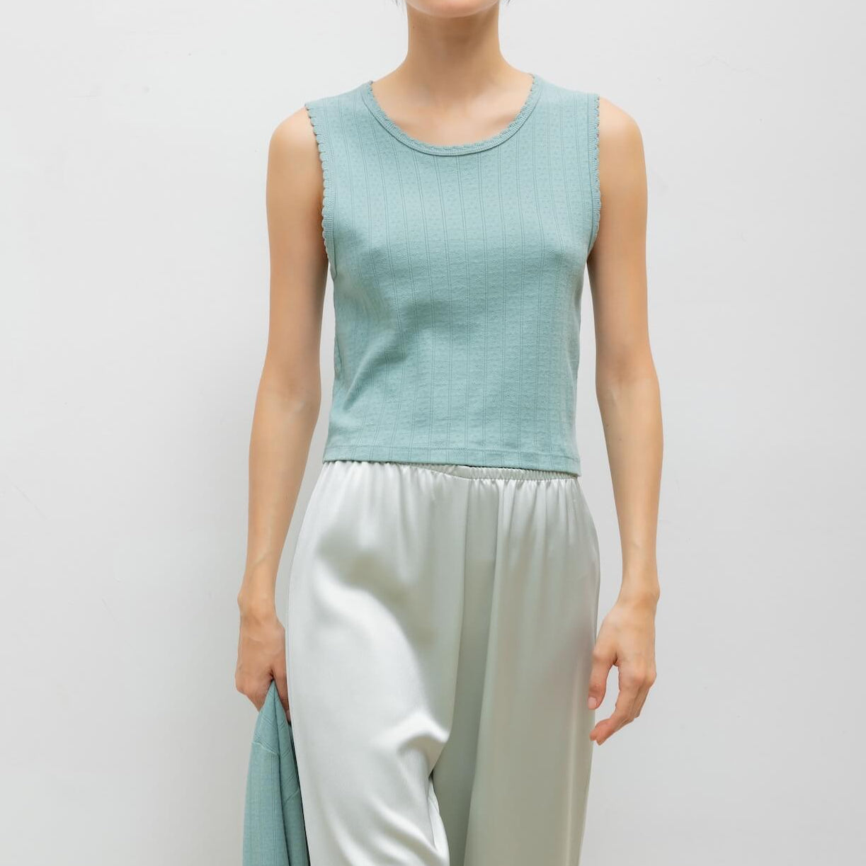 Pointelle Slv/less Crew Eucalyptus