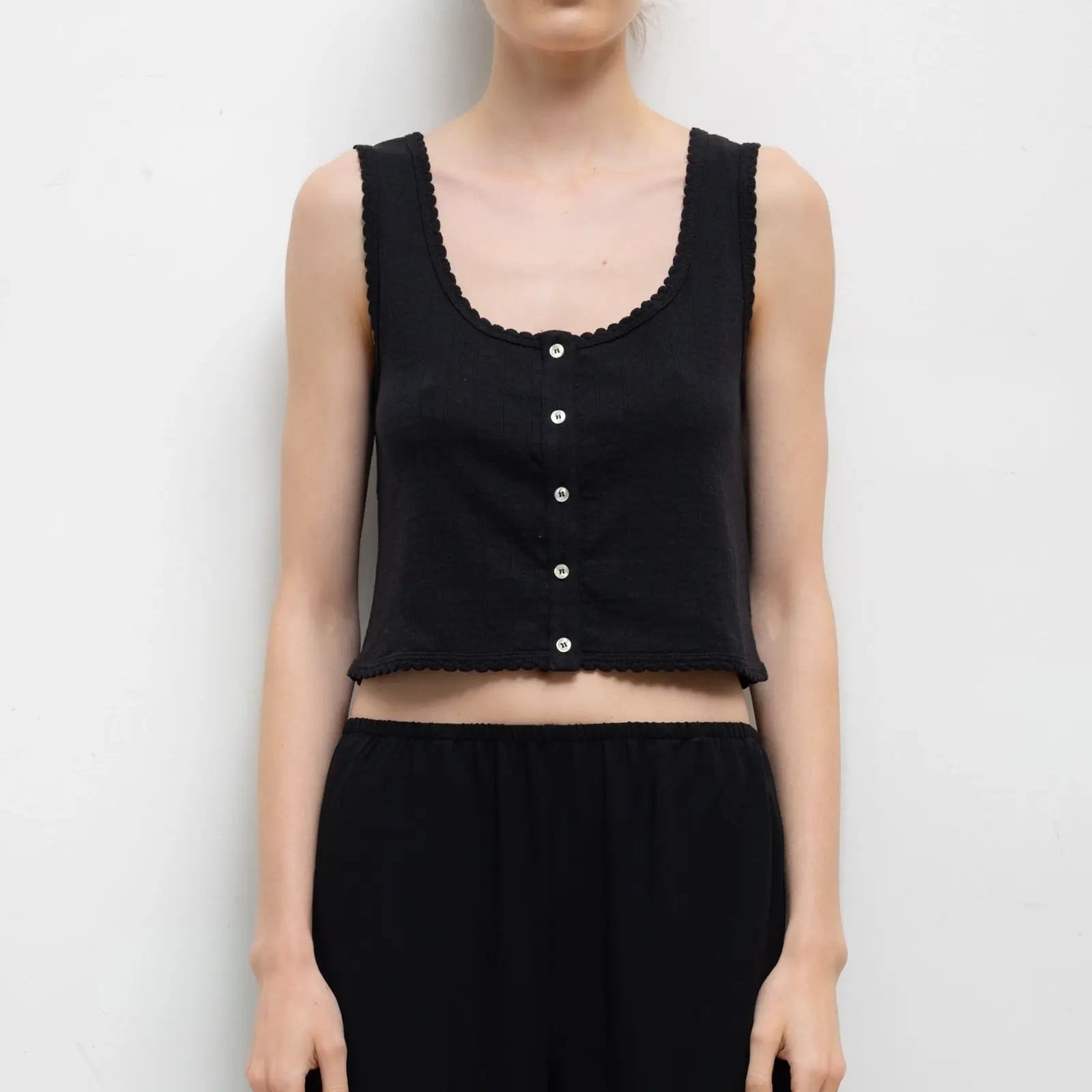 Pointelle Button Down Tank Black