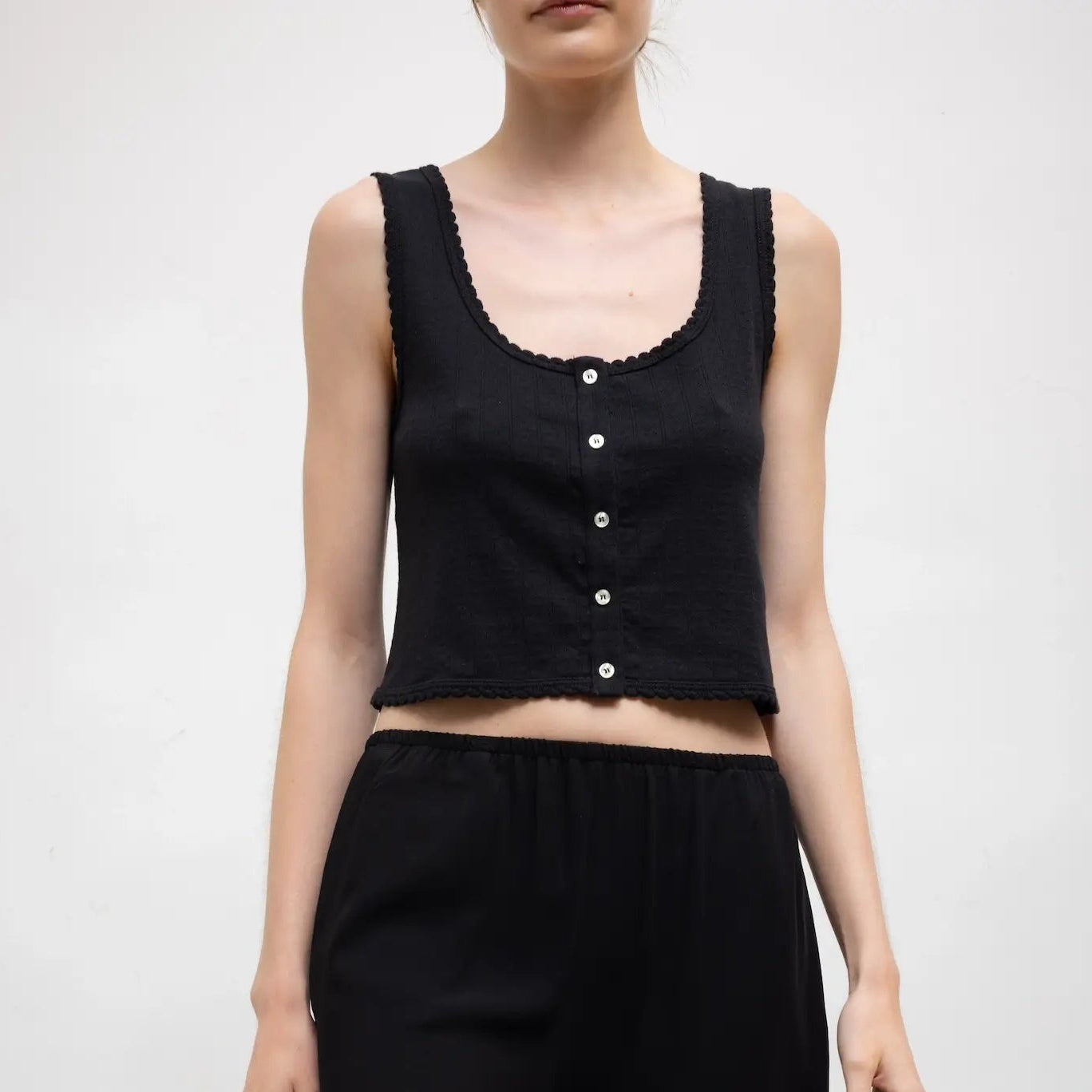 Pointelle Button Down Tank Black
