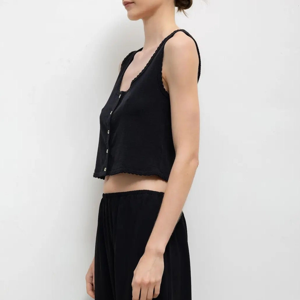 Pointelle Button Down Tank Black