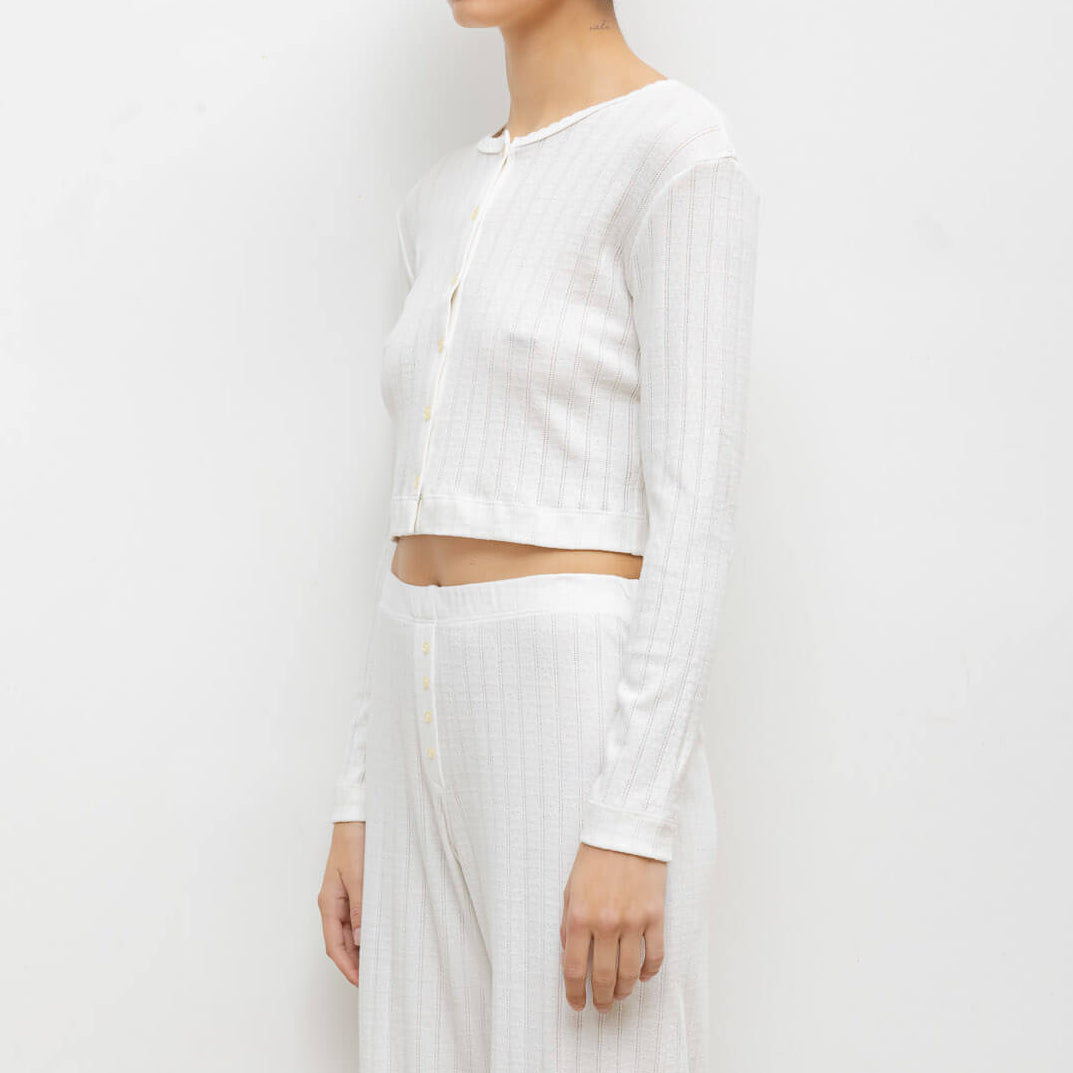 Pointelle Crop Cardigan White