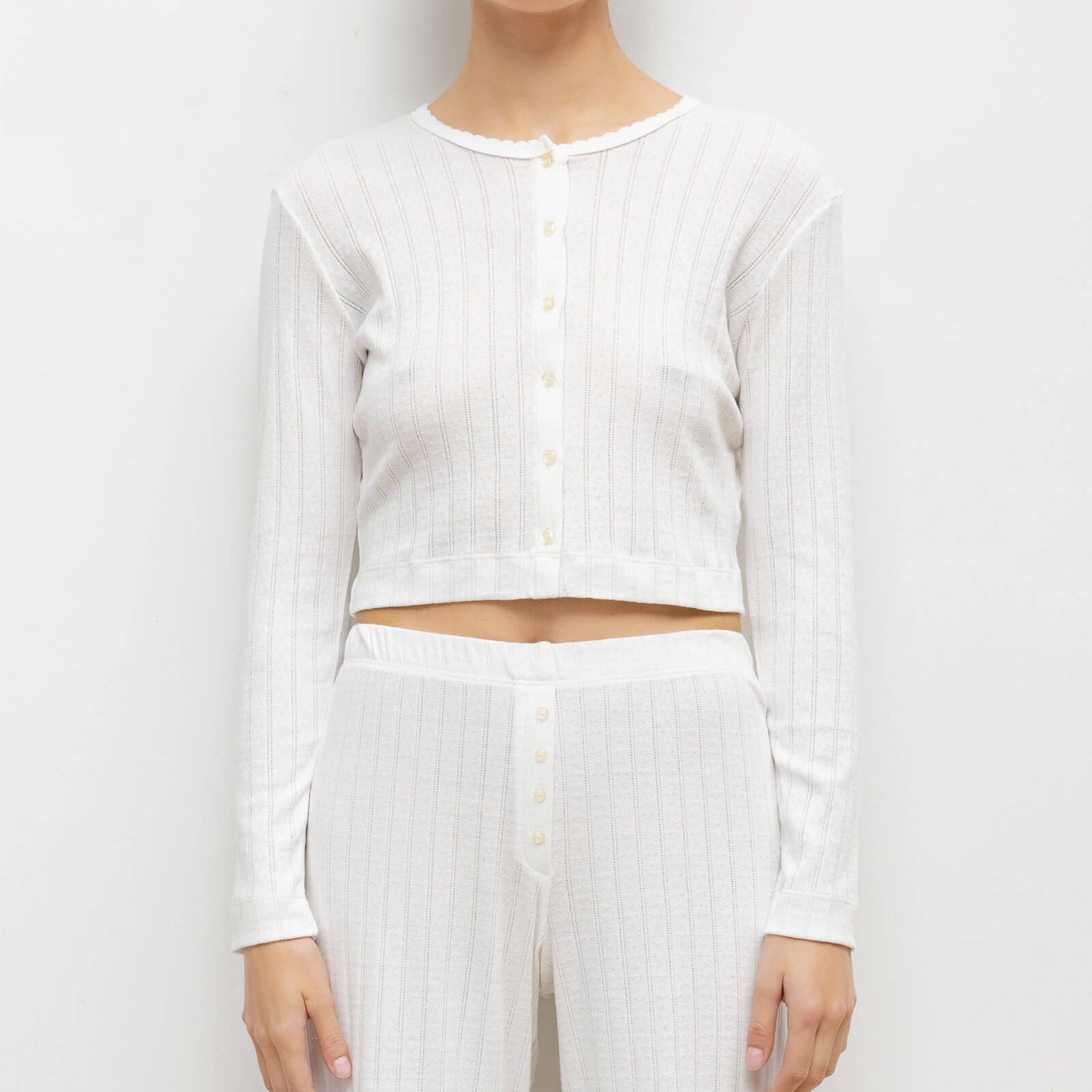 Pointelle Crop Cardigan White