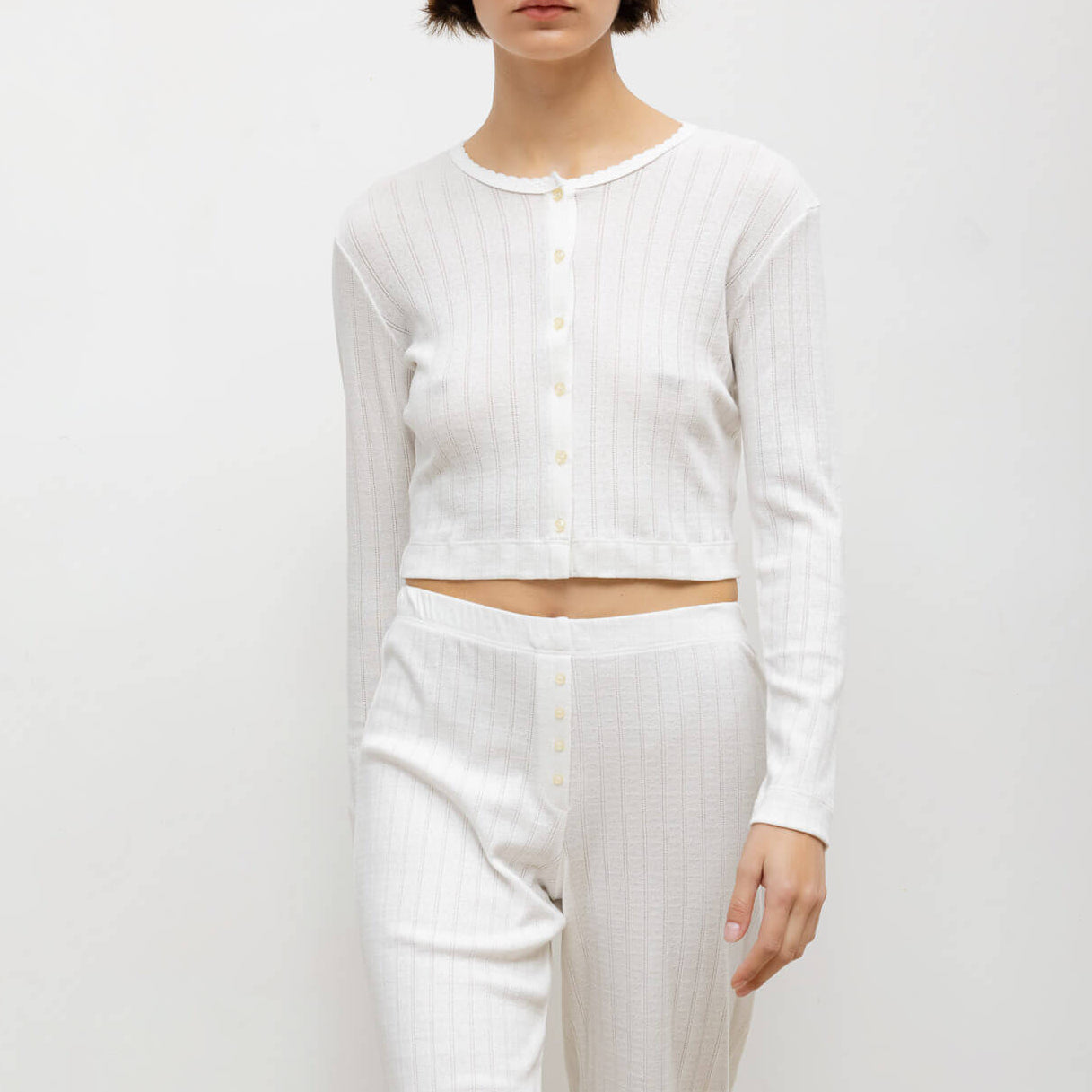 Pointelle Crop Cardigan White