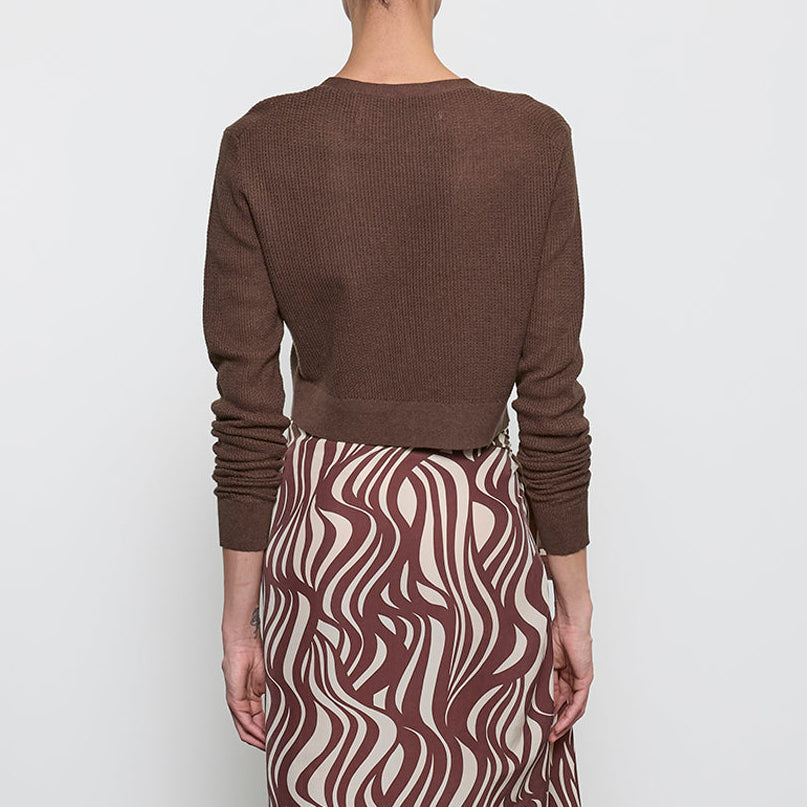 Linen Cropped V-Neck Cardigan Chocolate